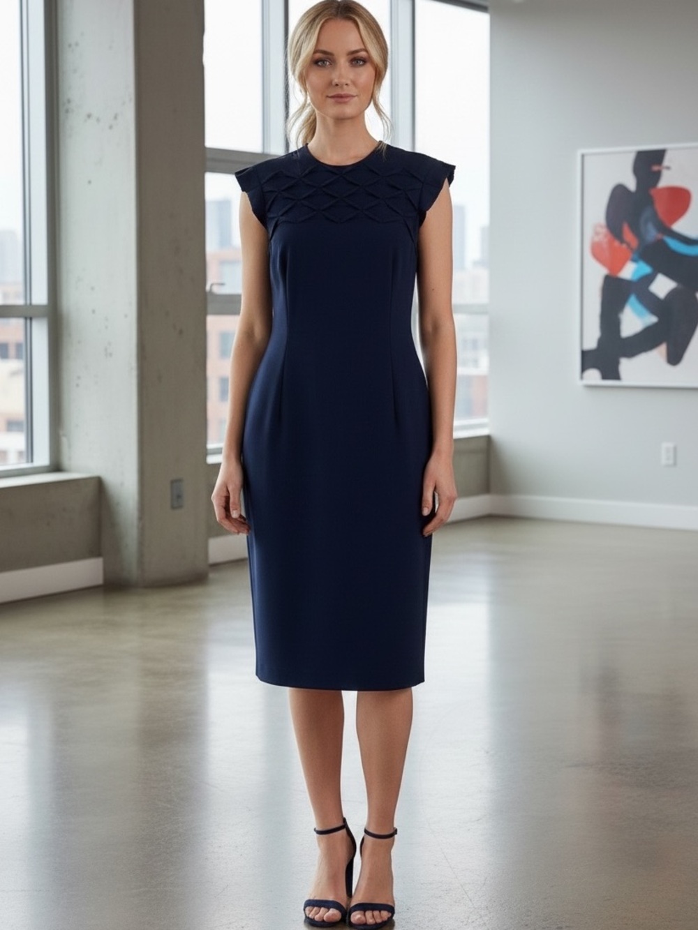 ESCADA Stretch Ponte Flutter Sleeve Sheath Midi Dress Sz 42/ L Navy Blue $890